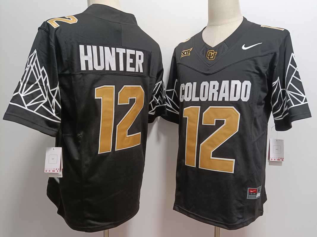 Mens Colorado Buffaloes #12 Travis Hunter Black Gold With XII Patch FUSE Vapor Stitched Jersey